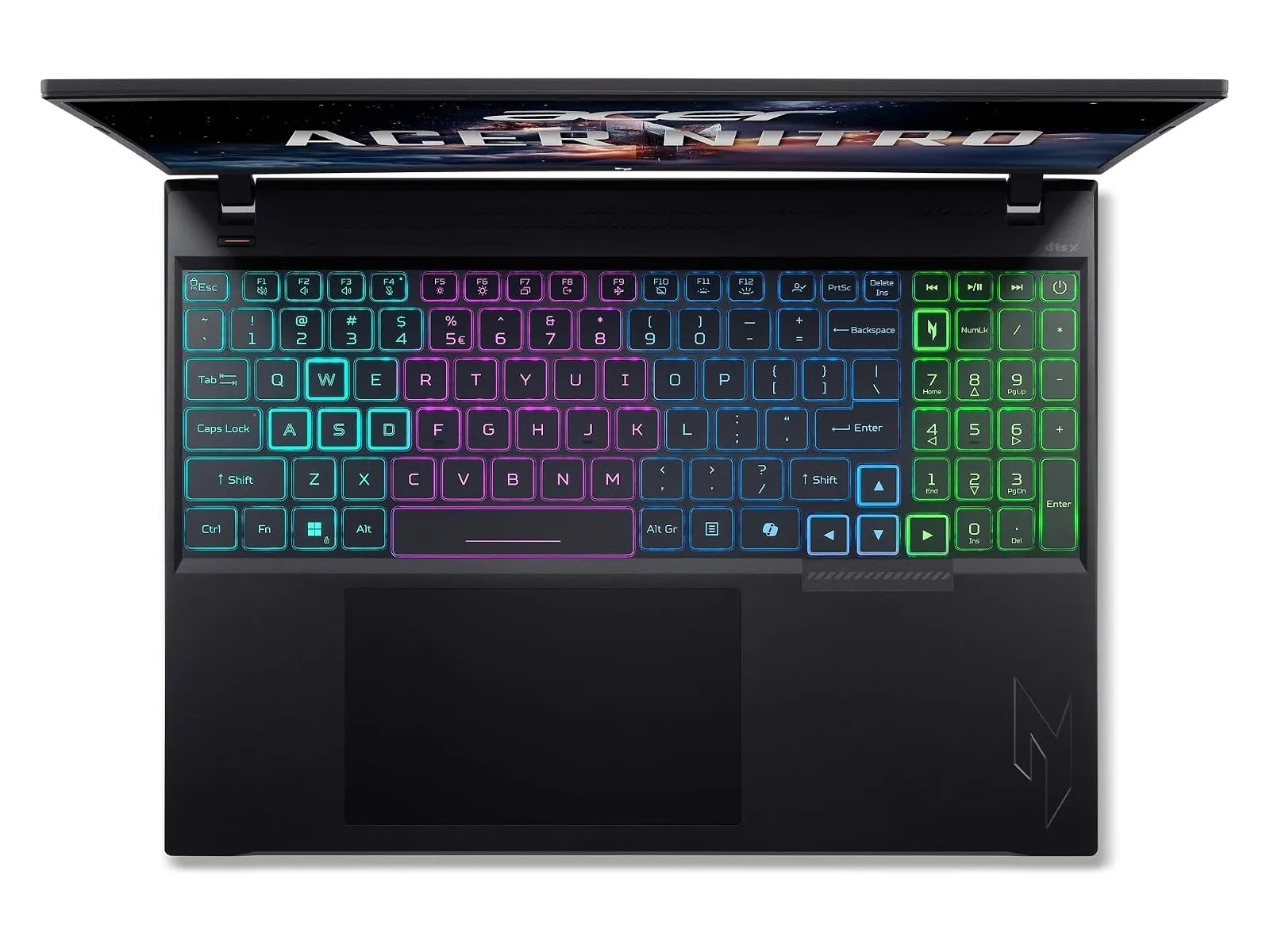 Tampak depan laptop Acer Nitro V 16 varian Intel dengan keyboard RGB empat zona