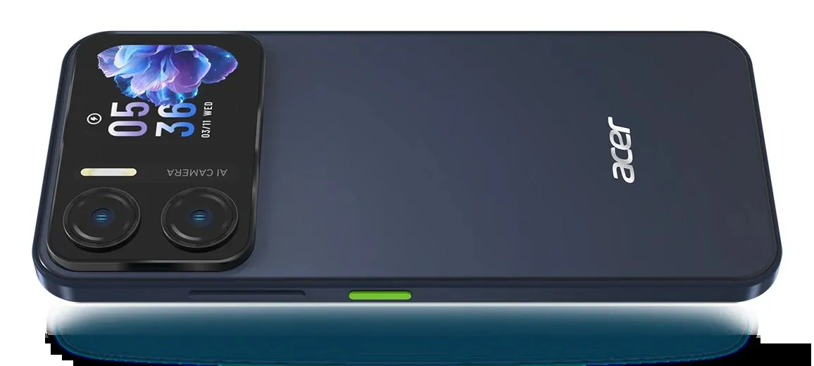Acer Sospiro A15 warna biru dengan layar sekunder di punggung ponsel