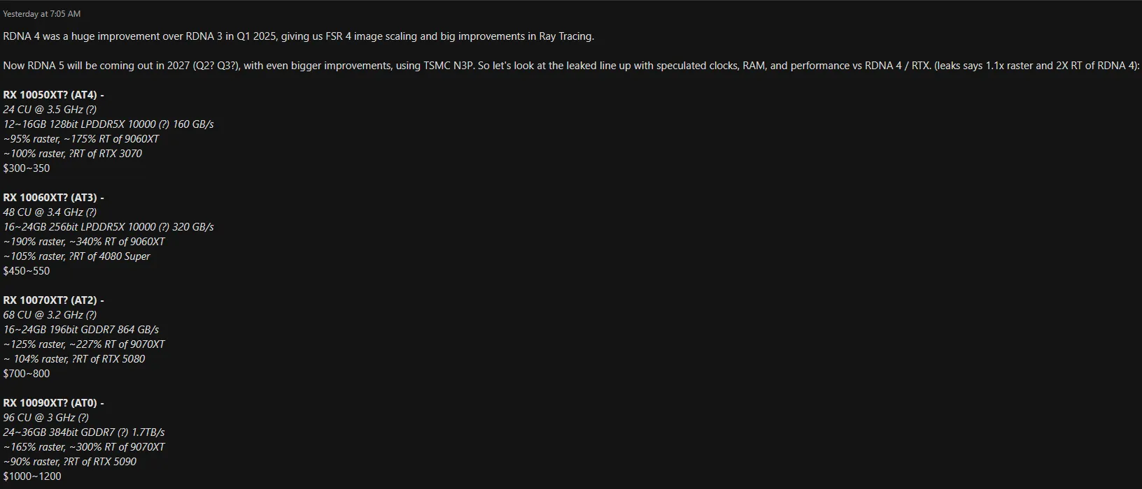 Bocoran spesifikasi lini AMD RDNA 5 dari NeoGAF yang menunjukkan hierarki Compute Unit dan tipe memori