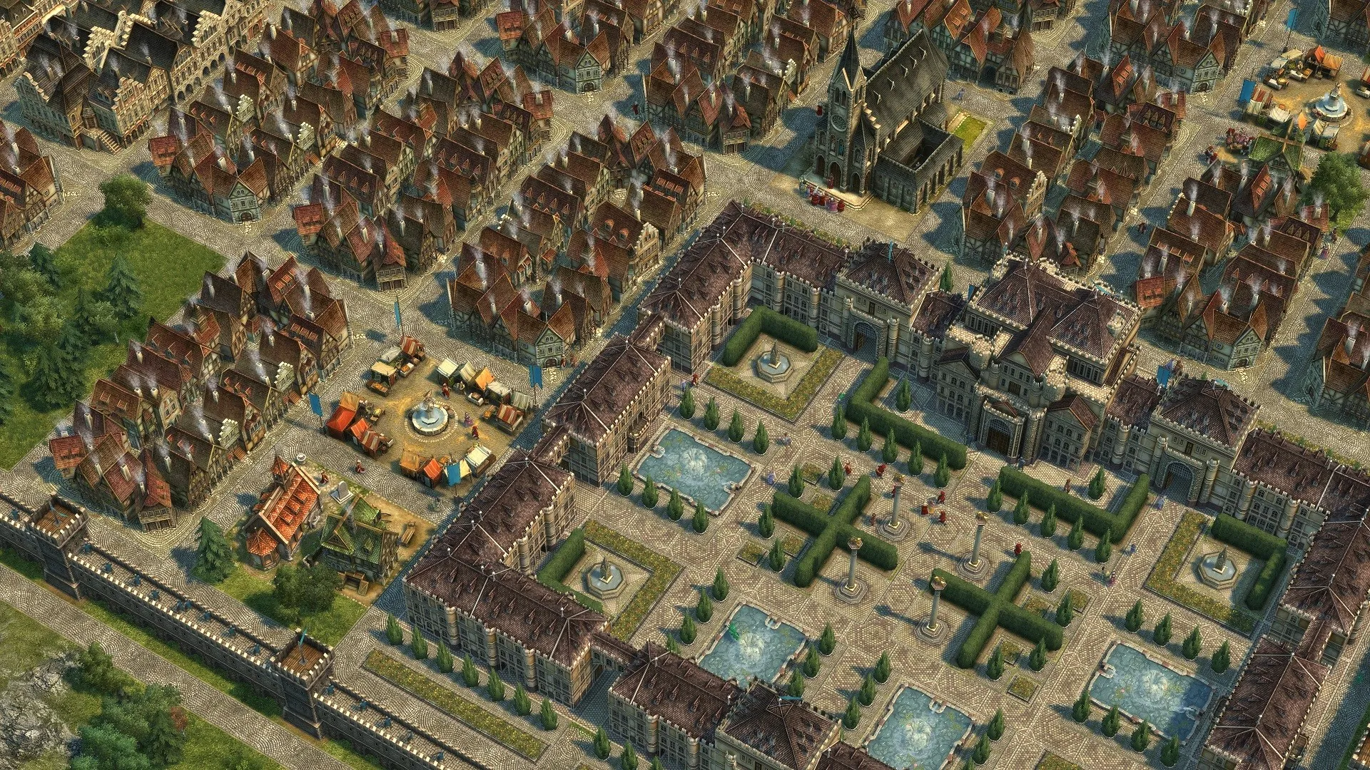 Tampak atas kota yang sedang dibangun dalam game Anno 1404 History Edition