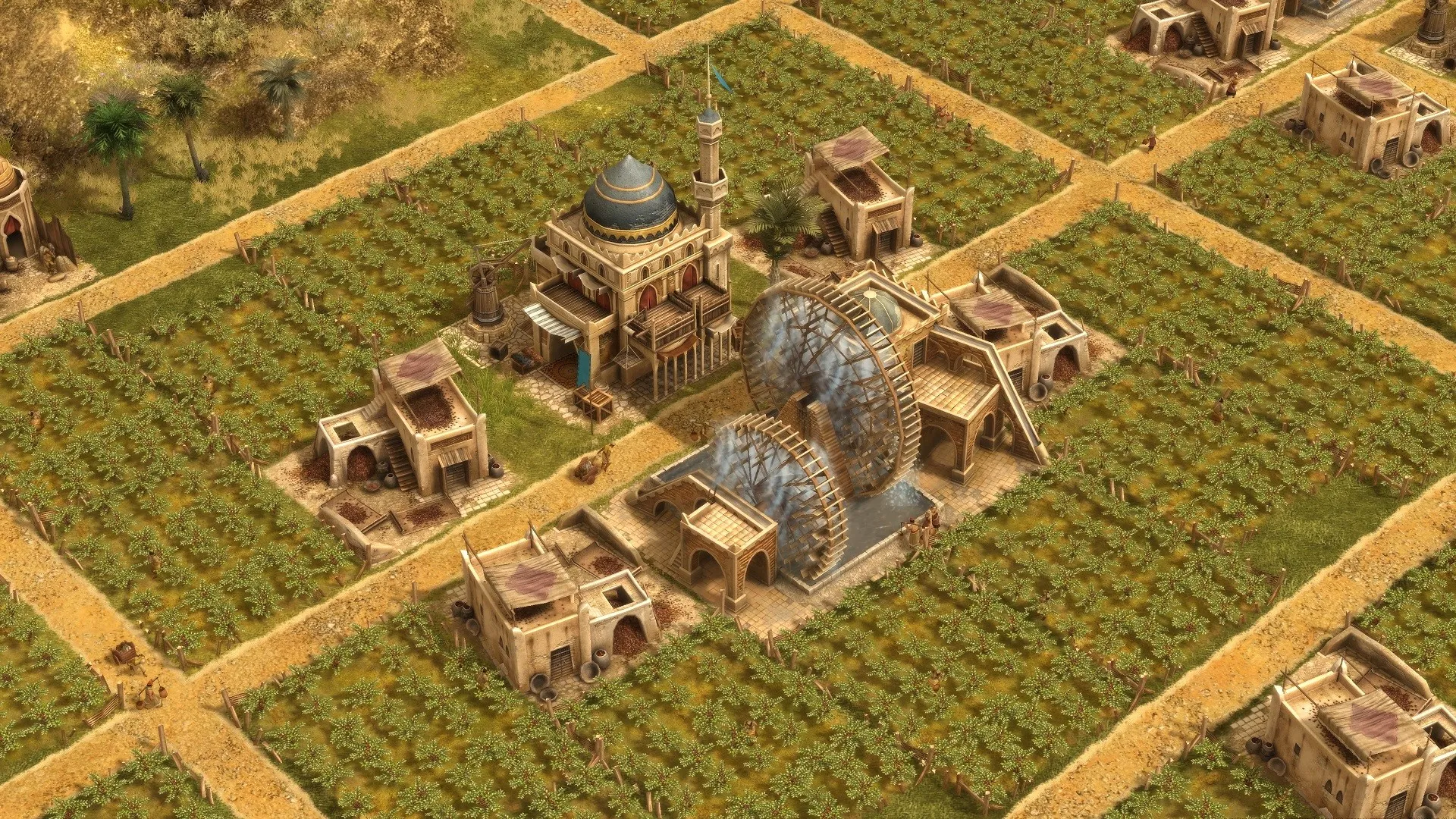 Lahan pertanian dan bangunan produksi dalam game Anno 1404 History Edition