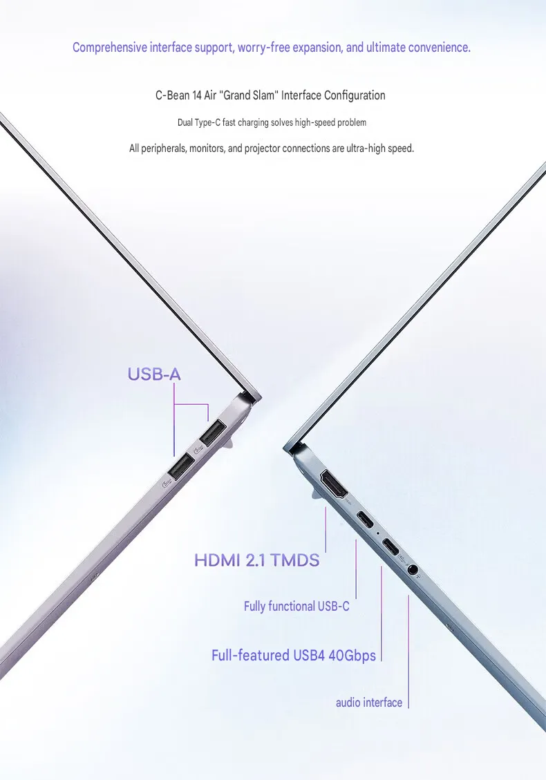 Port konektivitas Asus a14 Air 2026 termasuk USB-C, USB4, USB-A, HDMI 2.1, dan jack audio 3.5mm