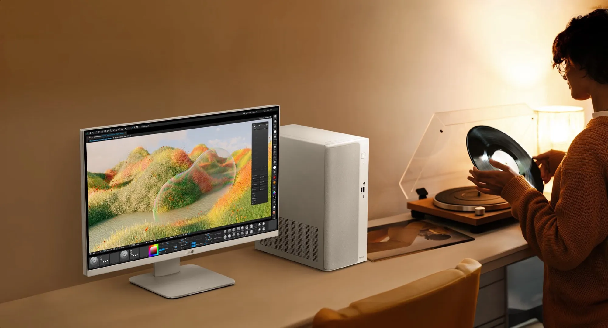 Tampak depan Asus V500 Mini Tower 2026 dengan panel bertekstur motif serat kayu