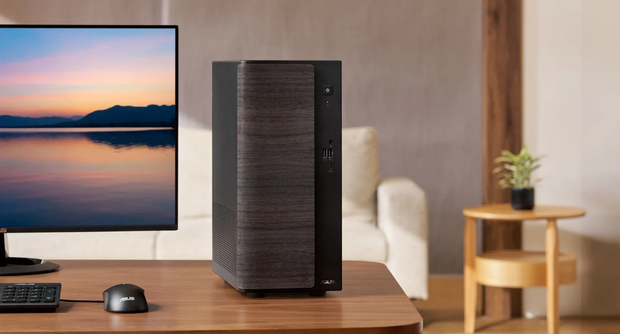 Asus V500 Mini Tower 2026 dengan panel depan motif kayu dilihat dari sudut miring