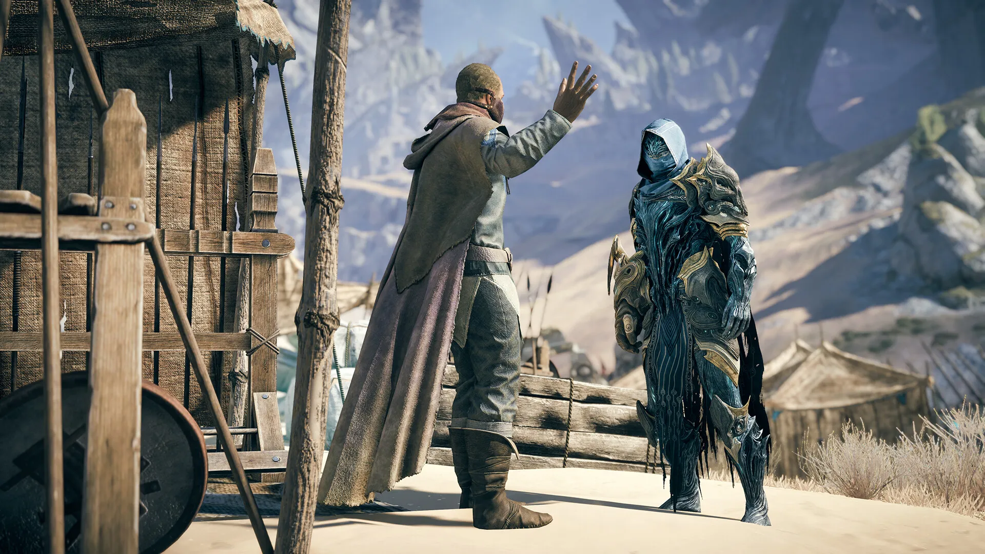 Dua karakter dalam game Atlas Fallen: Reign of Sand yang sedang bertualang di dunia penuh pasir.