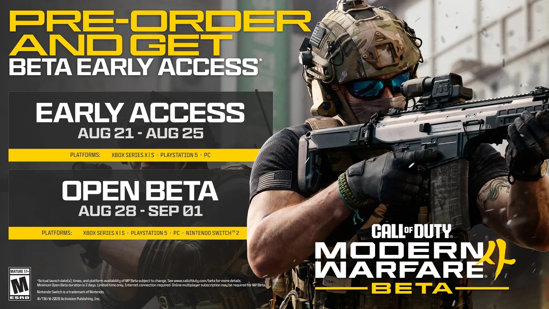 Poster berisi jadwal Early Access dan Open Beta untuk game Call of Duty: Modern Warfare 4 yang menampilkan karakter operasi khusus.