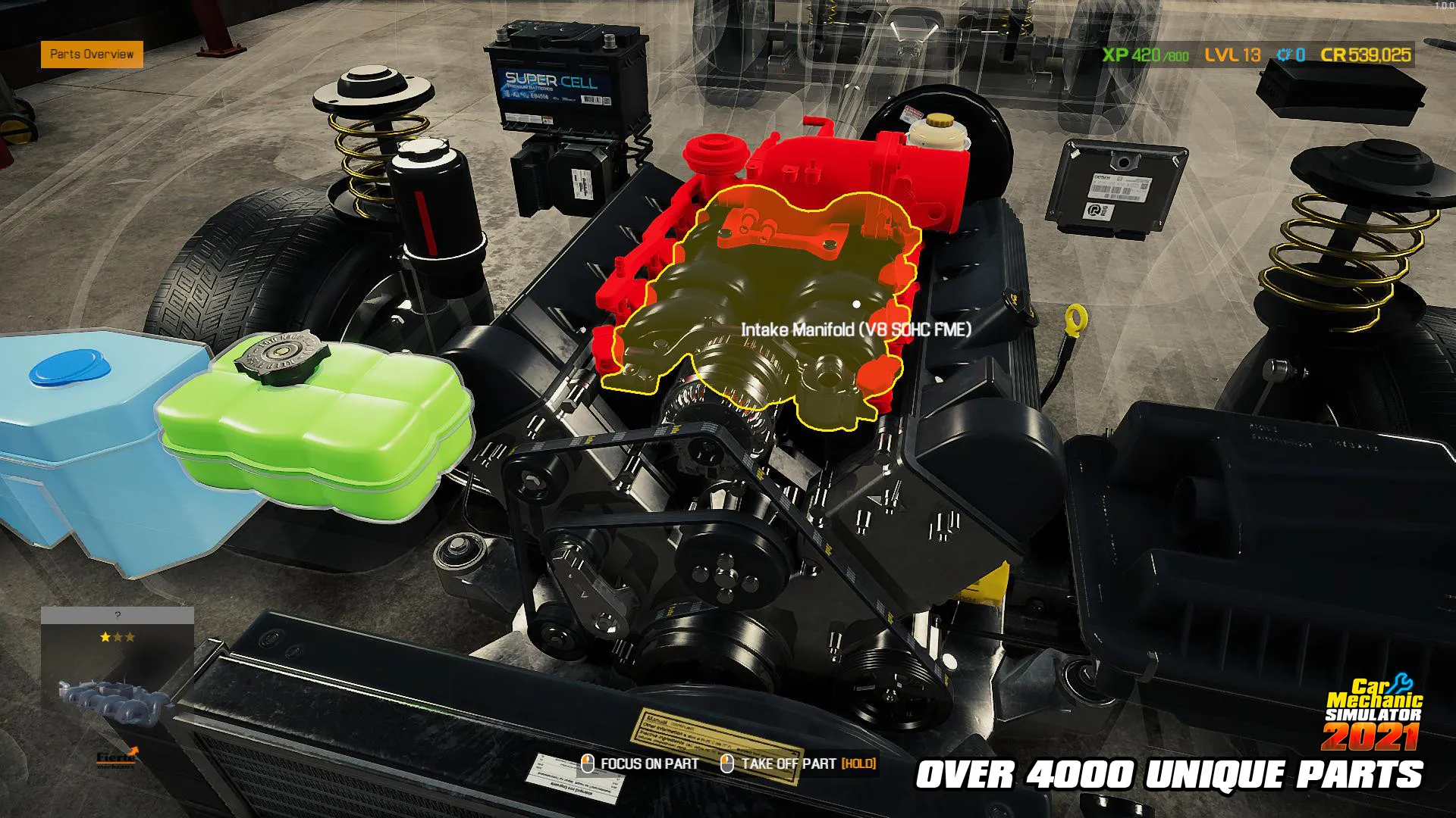 Tangkapan layar gameplay Car Mechanic Simulator 2021 memperlihatkan mesin mobil yang sedang dibongkar di dalam bengkel.