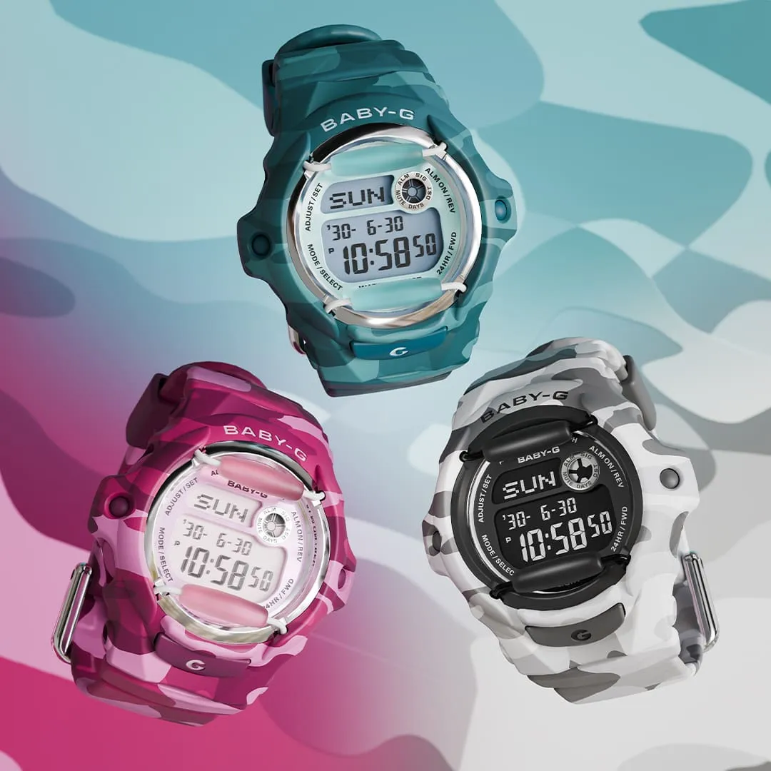Tiga varian jam tangan Casio Baby-G seri BG169CM: BG-169CM-4, BG-169CM-2, dan BG-169CMB-8 dengan motif camo
