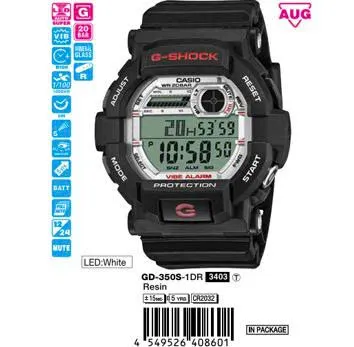 Casio G-Shock GD-350S-1D dengan casing resin hitam dan bingkai putih di sekeliling layar
