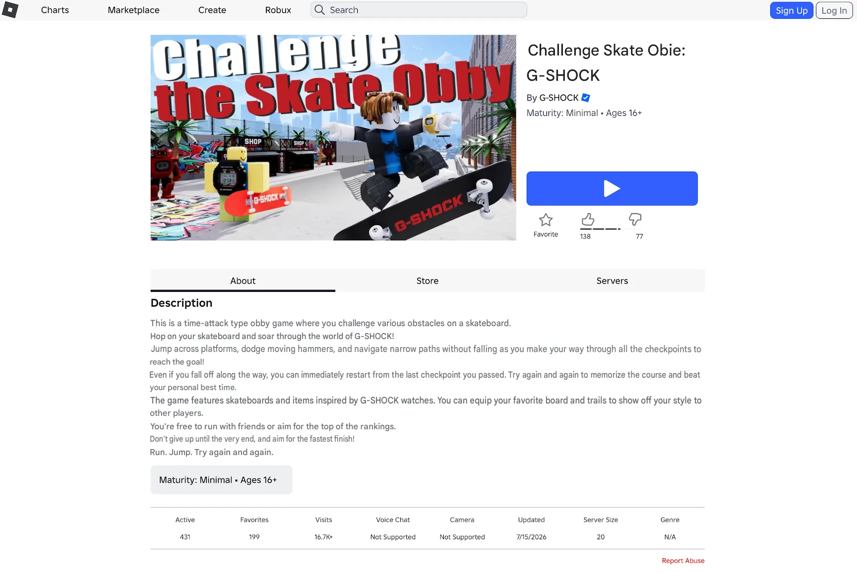 Tampilan game Challenge the Skate Obby G-Shock di Roblox