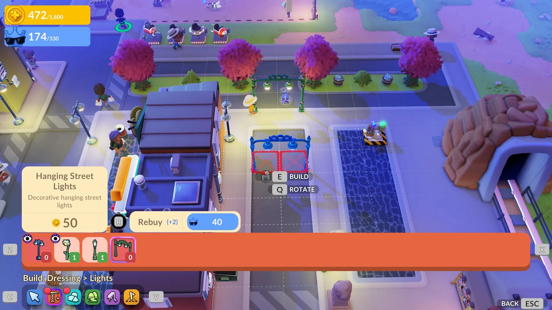 Tangkapan layar gameplay Go-Go Town! menunjukkan area kota yang sudah berkembang dengan berbagai bangunan dan jalur otomatisasi