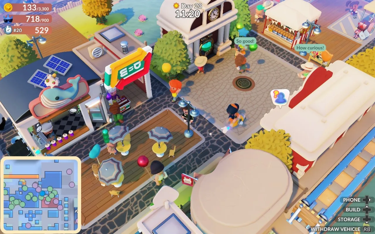 Tangkapan layar gameplay Go-Go Town! memperlihatkan karakter di atas skateboard dengan bangunan kota berwarna-warni di latar belakang