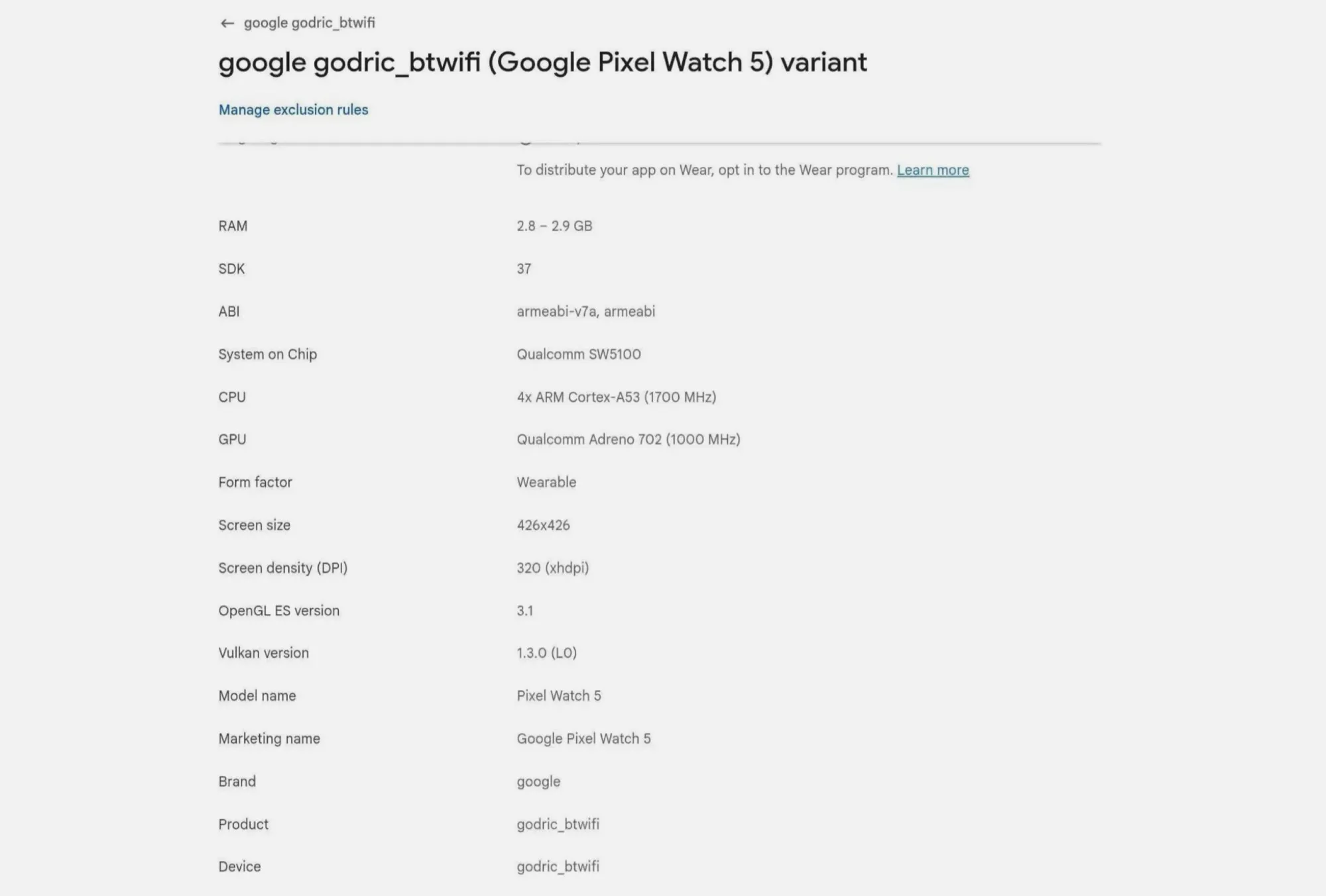 Tampilan data Google Pixel Watch 5 yang terdaftar di Google Play Console