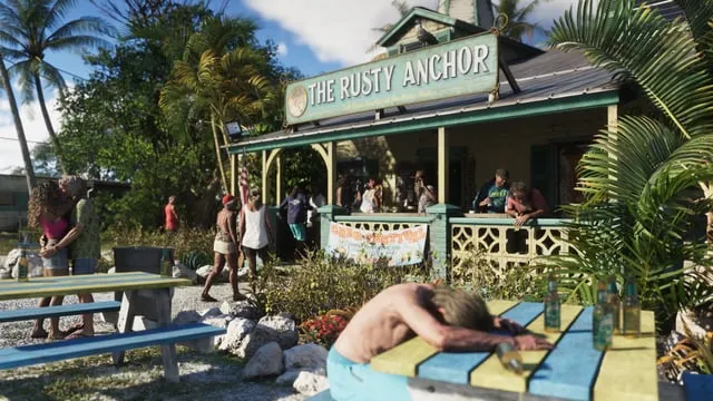 Screenshot The Rusty Anchor di GTA 6 yang memperlihatkan berbagai NPC dengan detail mengejutkan