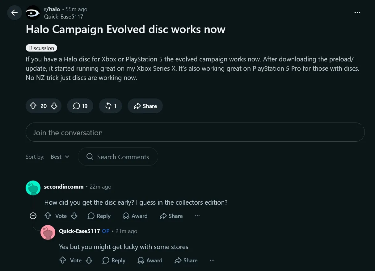 Diskusi di Reddit tentang disk fisik Halo: Campaign Evolved yang sudah bisa dimainkan lebih awal