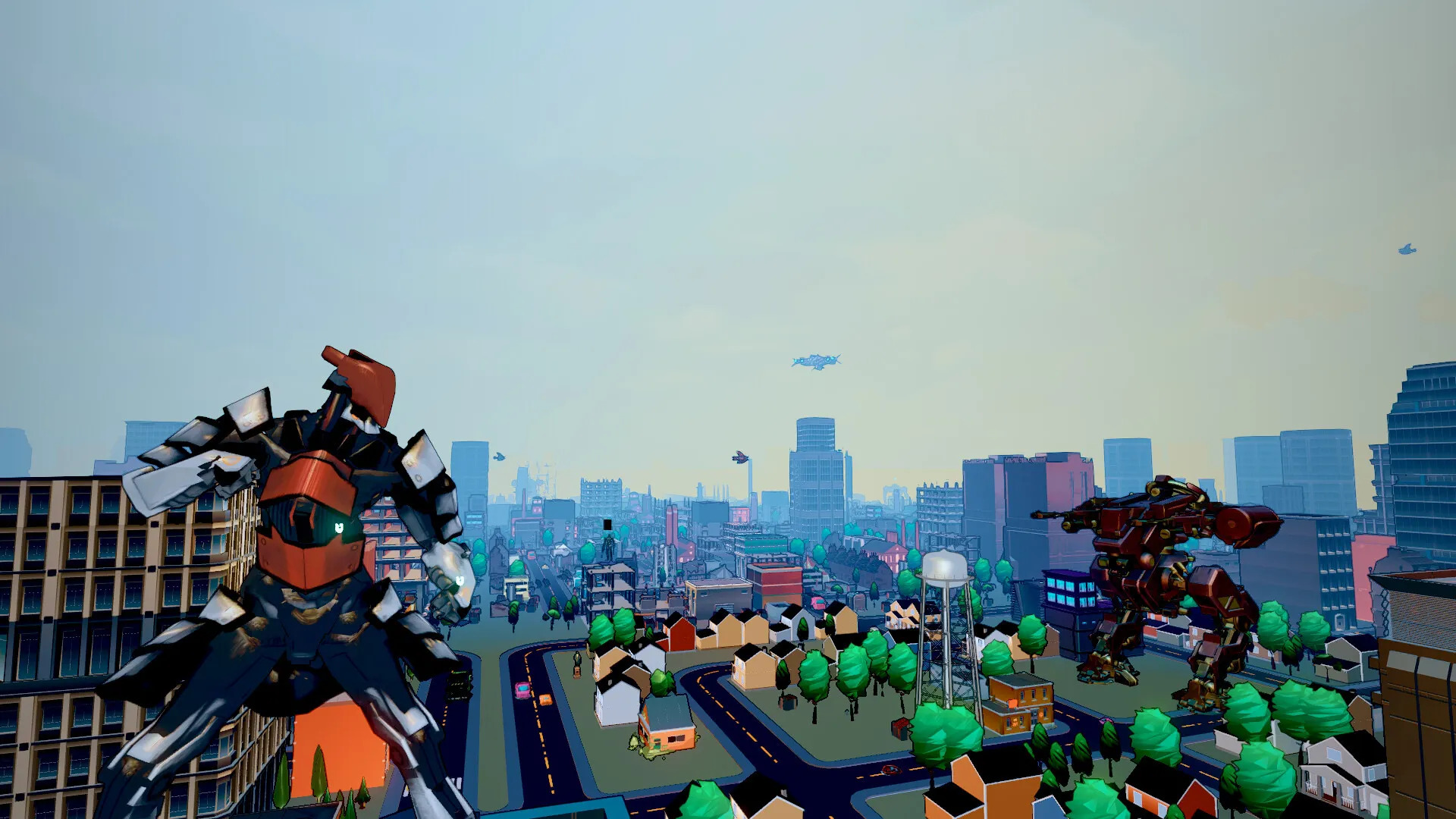 Tangkapan layar gameplay Heart of the Machine menampilkan kota cyberpunk dan unit robot