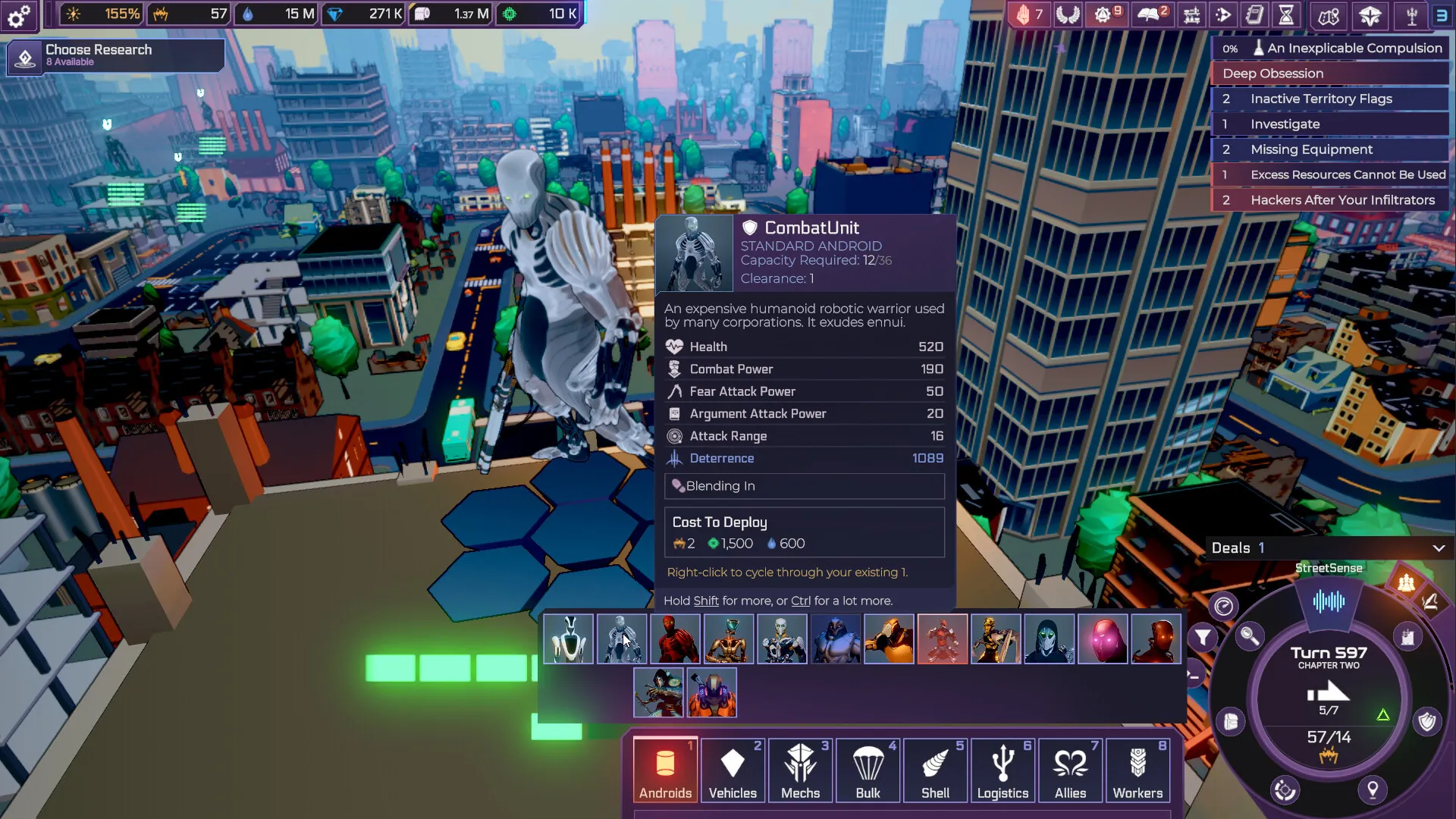 Tangkapan layar Heart of the Machine menunjukkan antarmuka strategi 4X dengan pilihan aksi