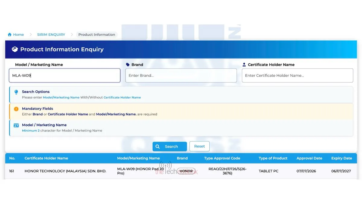Honor Pad 20 Pro terdaftar di database SIRIM Malaysia