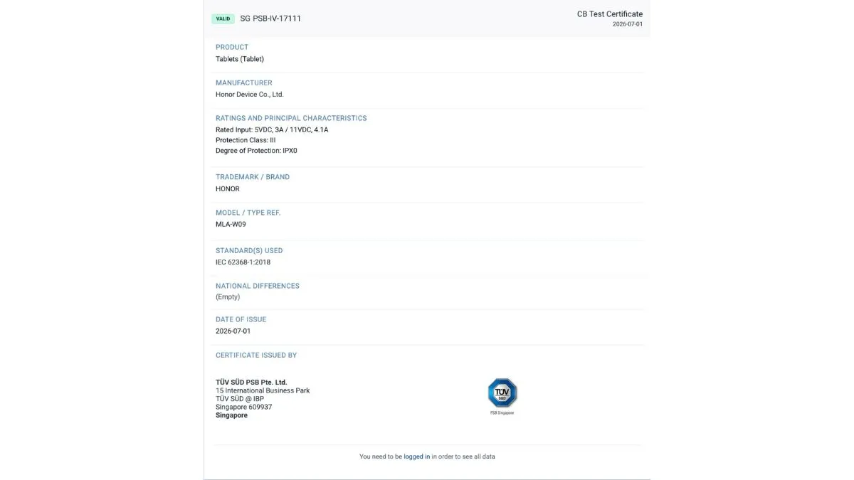 Honor Pad 20 Pro muncul di sertifikasi TÜV SÜD dengan fast charging 45W