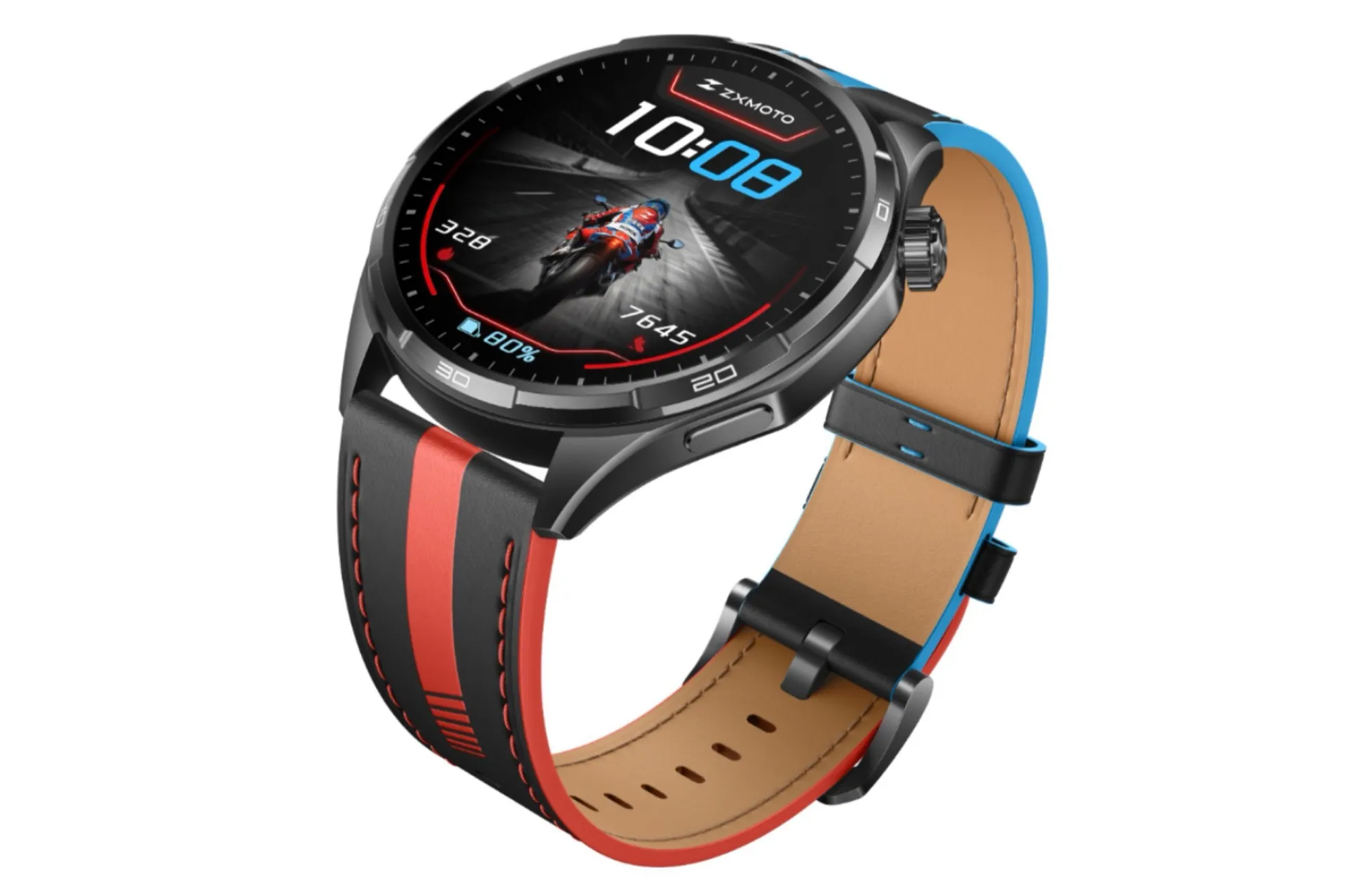 Tampilan depan Honor Watch 6 Plus Motorcycle Edition dengan watch face khusus dan tali kulit aksen biru merah