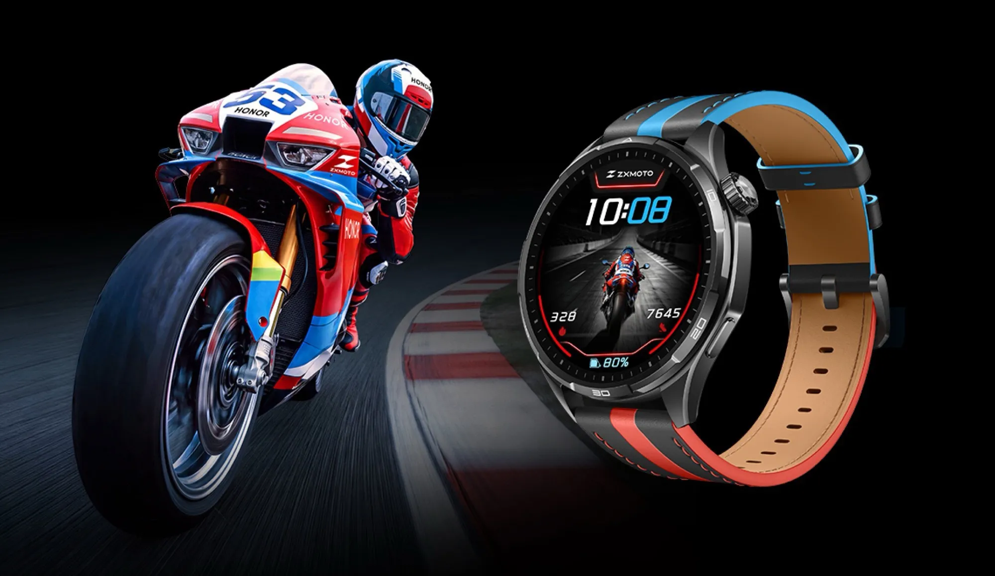 Tampak samping Honor Watch 6 Plus Motorcycle Edition memperlihatkan ketebalan bodi dan tali kulit eksklusif
