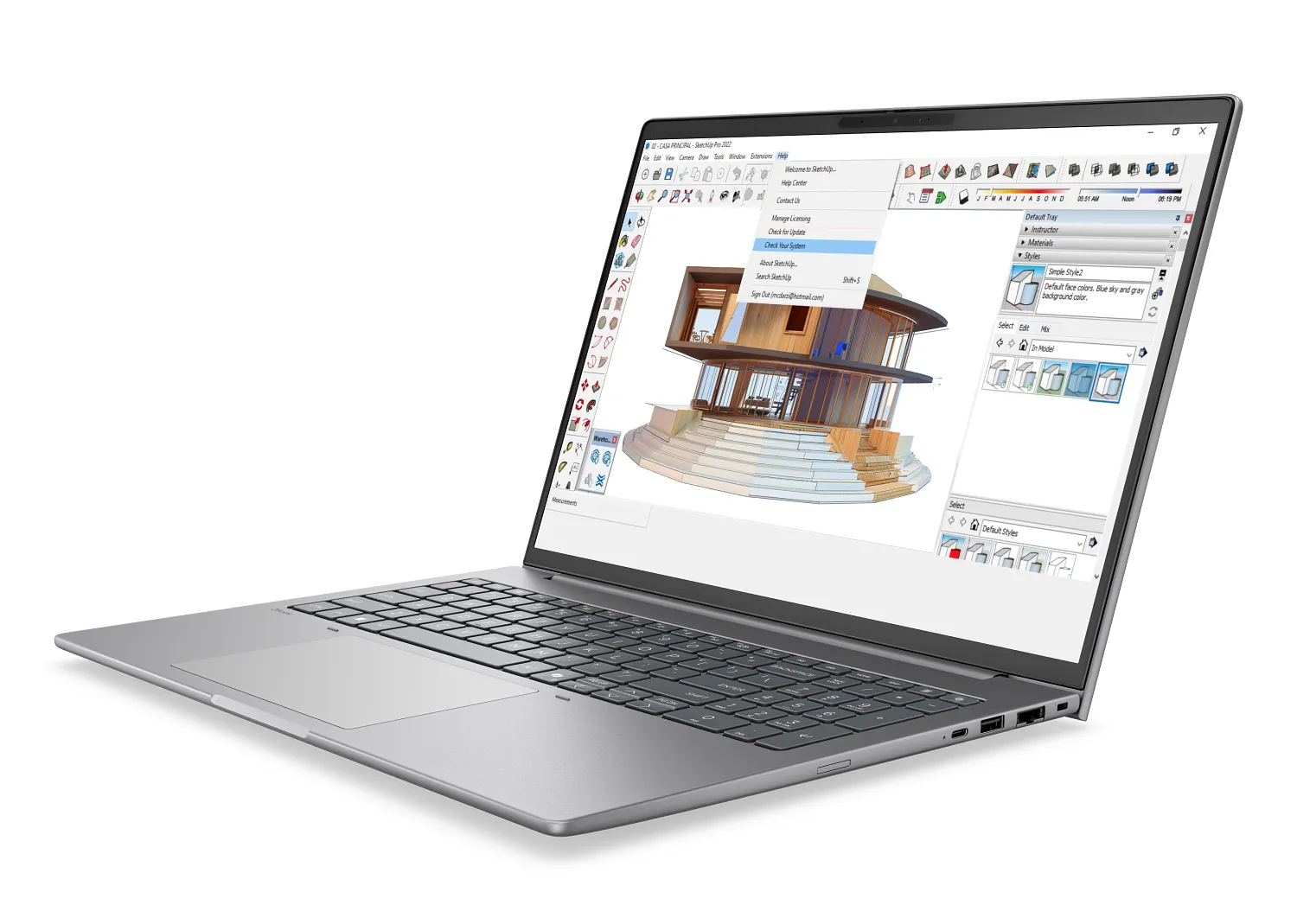 Tampak bawah dan depan laptop HP ZBook 8 G2a 16 dengan engsel terlihat jelas