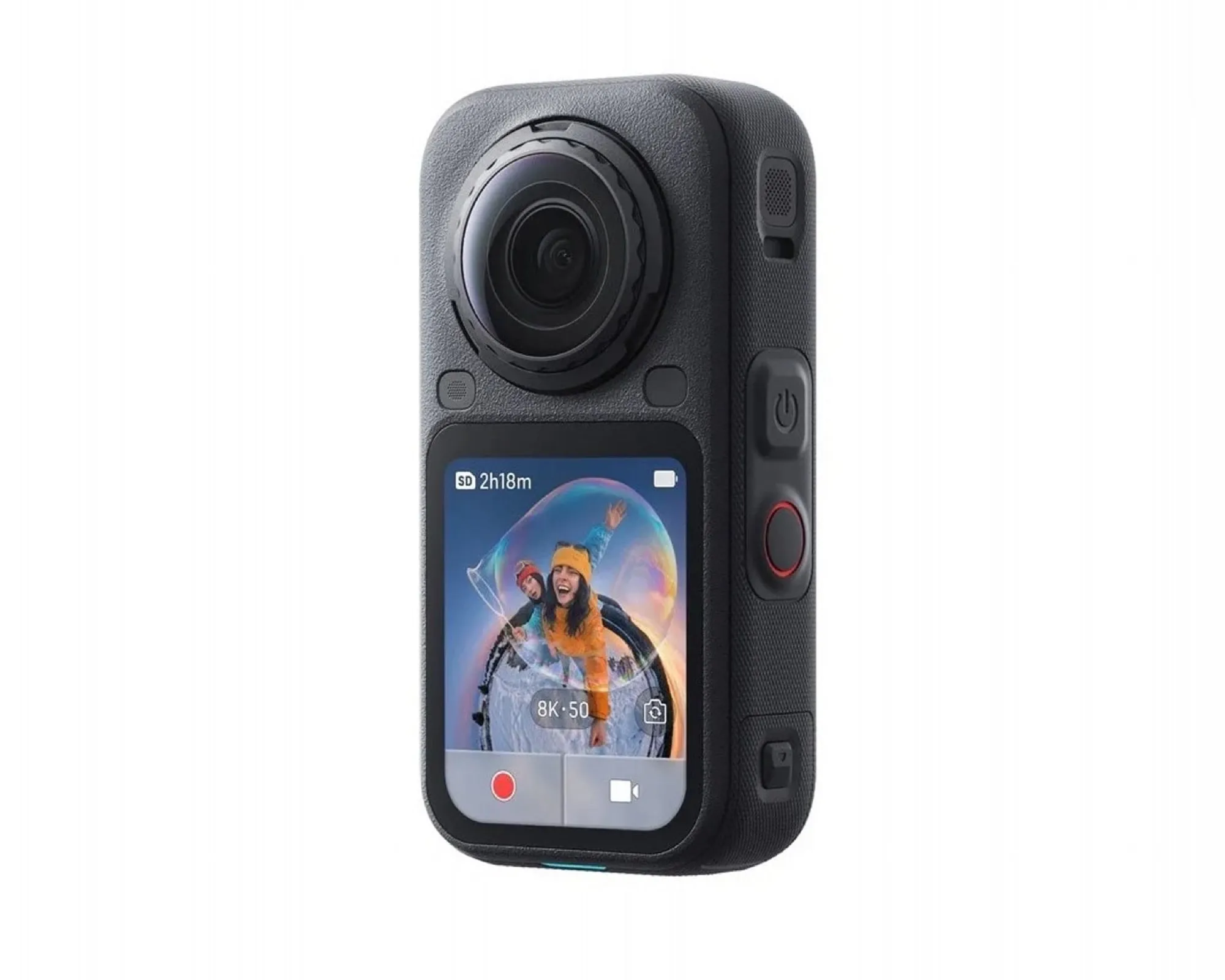 Bocoran Insta360 X6 tampak depan dengan dua lensa dan layar sentuh kecil