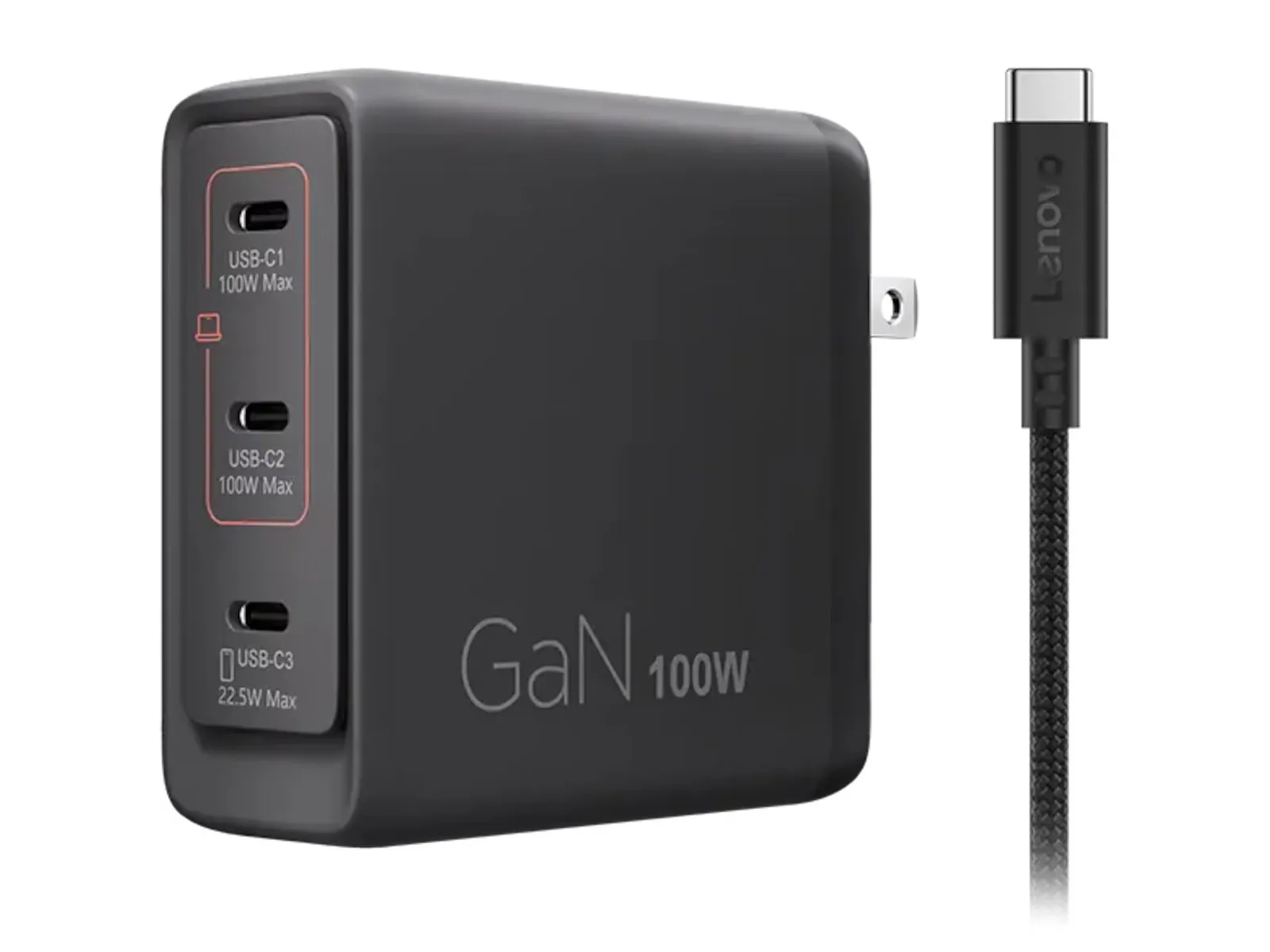 Charger Lenovo GaN 100W warna hitam dilihat dari atas dengan tiga port USB-C