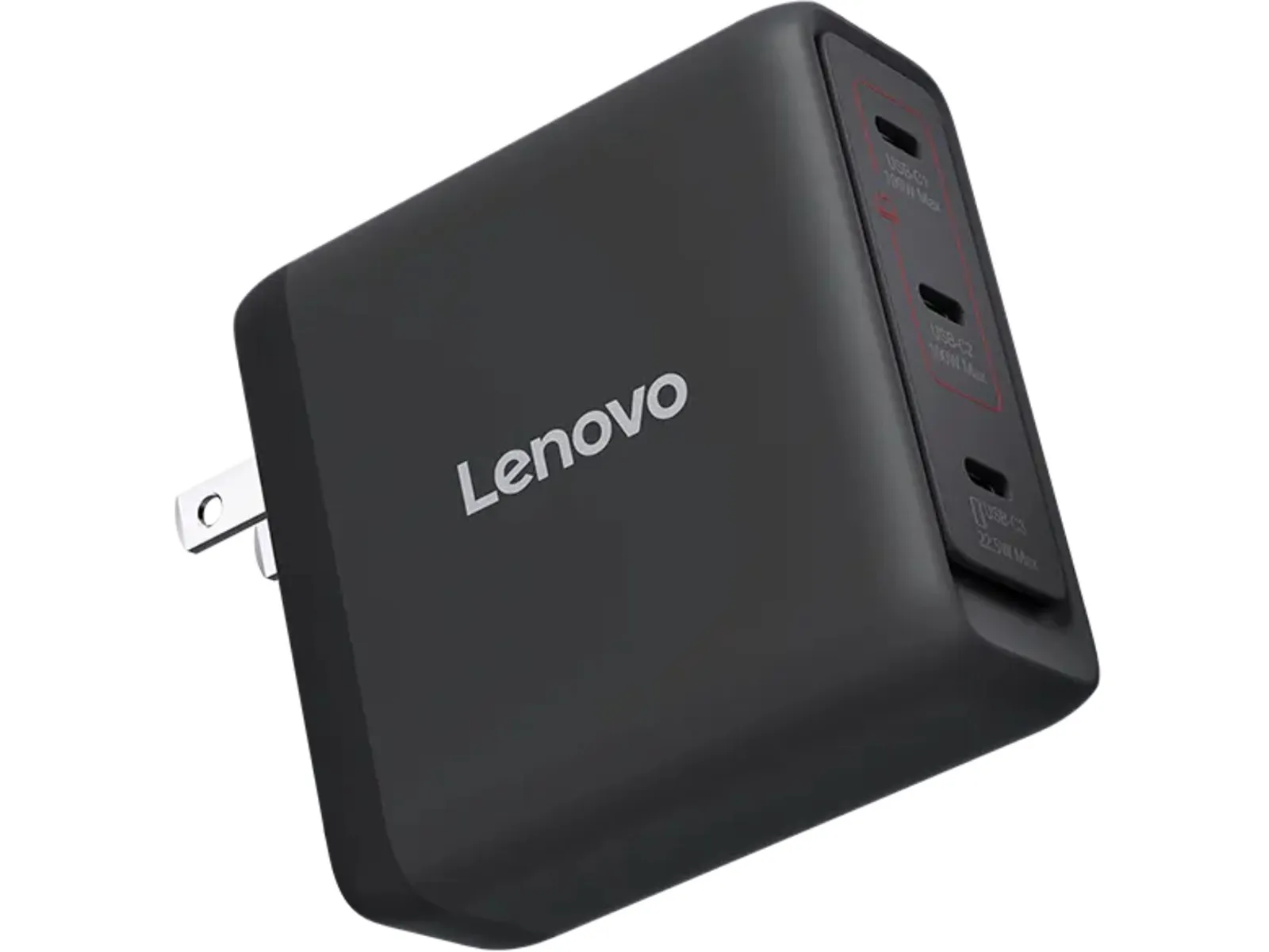 Charger Lenovo GaN 100W warna hitam tampak samping dengan kabel terpasang
