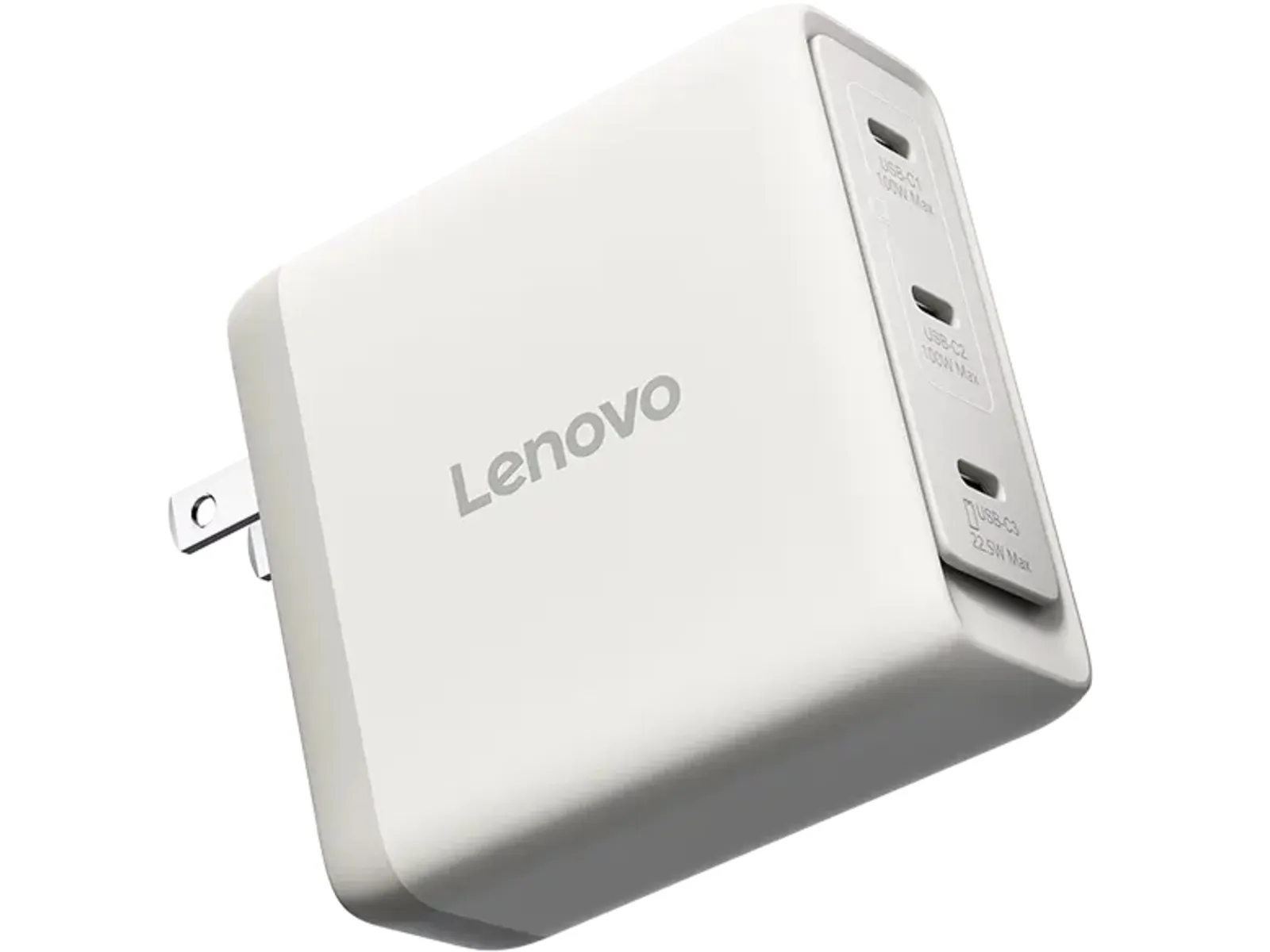Charger Lenovo GaN 100W tampak samping dengan colokan lipat terpasang