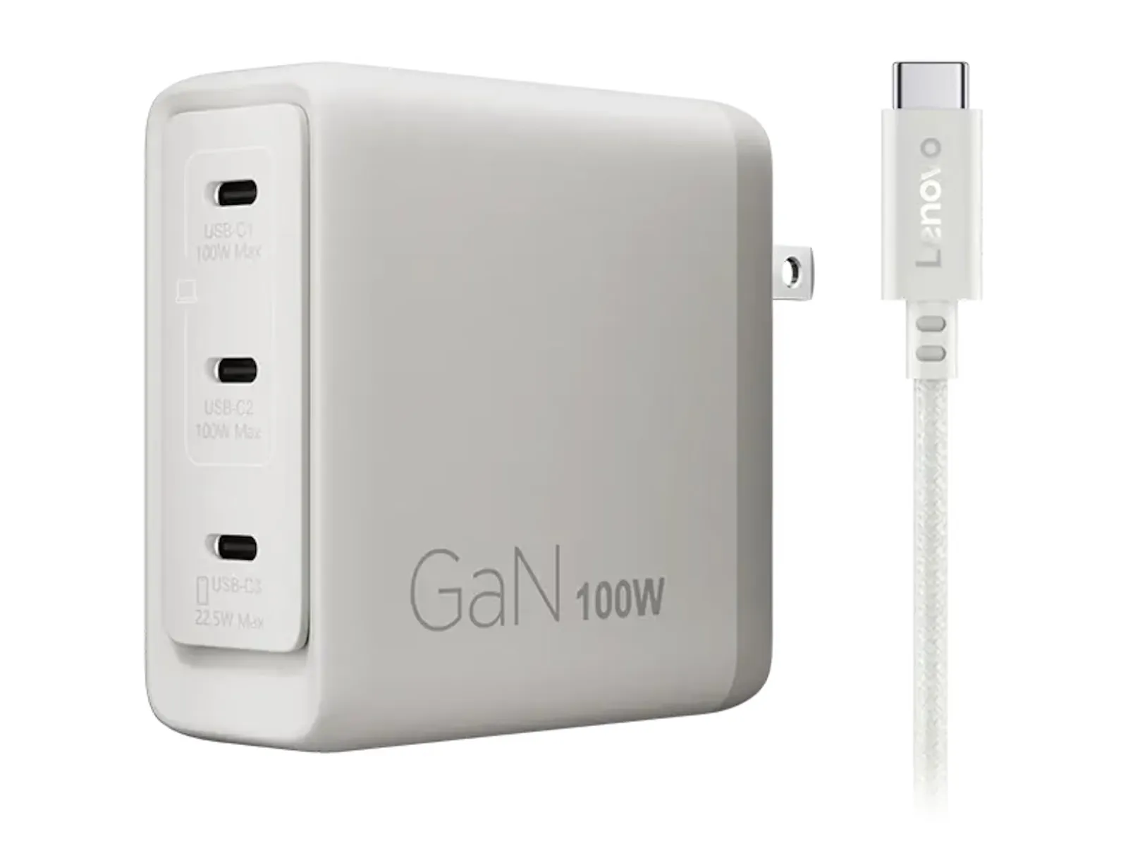 Tampak depan charger Lenovo Multi-port USB-C 100W GaN dengan kabel USB-C braided