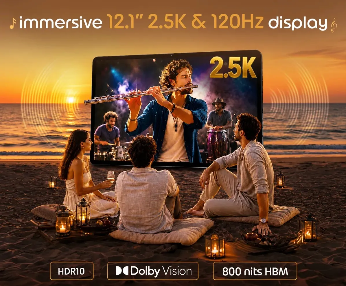 Layar depan Moto Pad 70 Groove dengan panel 12,1 inci resolusi 2.5K dan refresh rate 120Hz