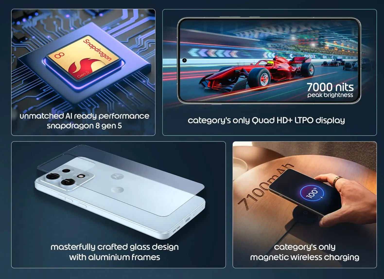 Tampak depan Motorola Edge 70 Max dengan layar QHD+ 144Hz