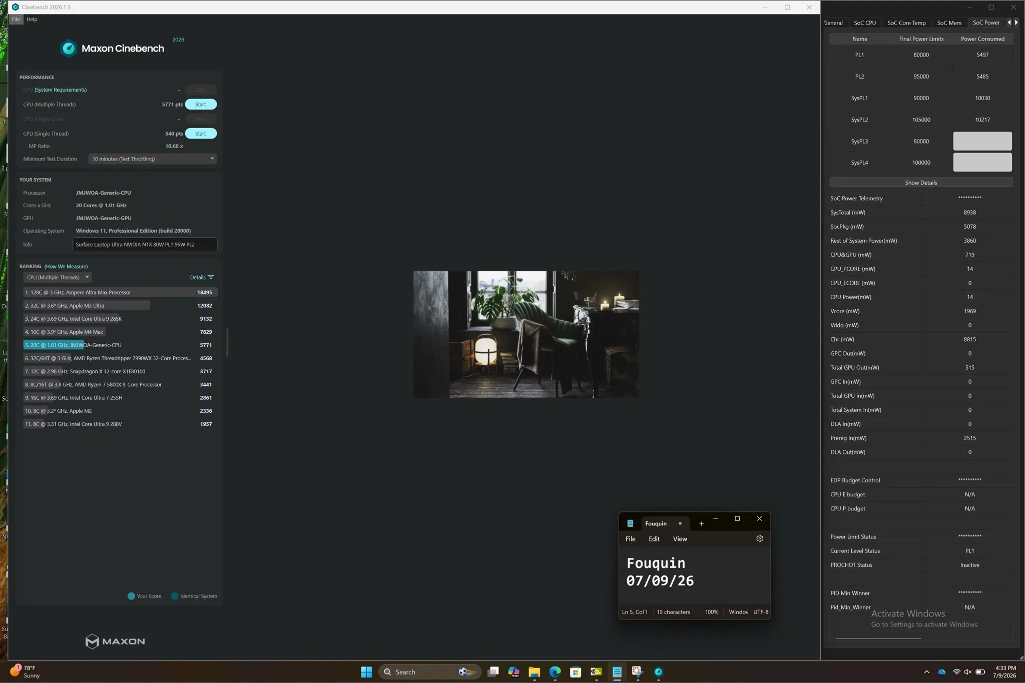 Skor Cinebench 2026 untuk chip Nvidia RTX Spark pada engineering sample