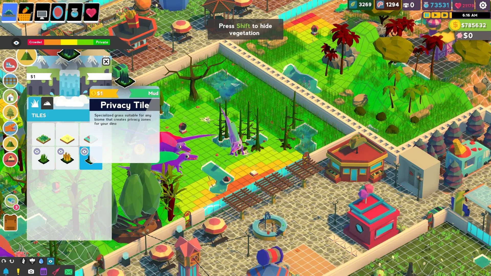 Tangkapan layar gameplay Parkasaurus menampilkan bangunan taman dan dinosaurus yang bisa dipakaikan aksesori