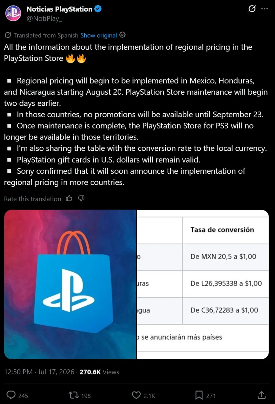 Pengumuman harga PlayStation Store di Amerika Latin yang diterjemahkan