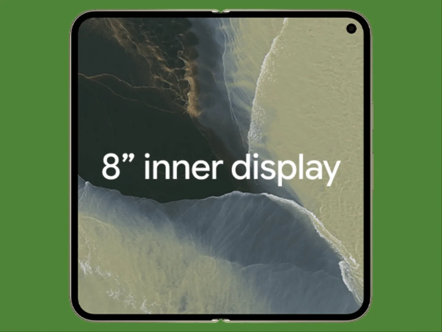 Render Pixel 11 Pro Fold dalam keadaan terbuka yang menampilkan layar dalam delapan inci dan kamera selfie di sudut kanan.
