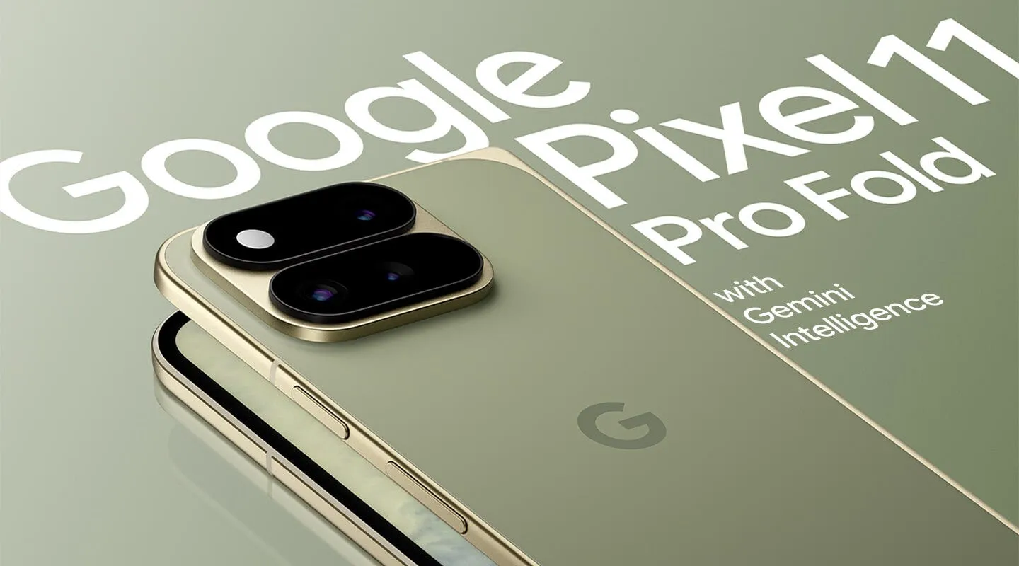 Render Pixel 11 Pro Fold dari sudut belakang dalam warna Moss yang menampilkan tiga kamera dan Pixel Glow.