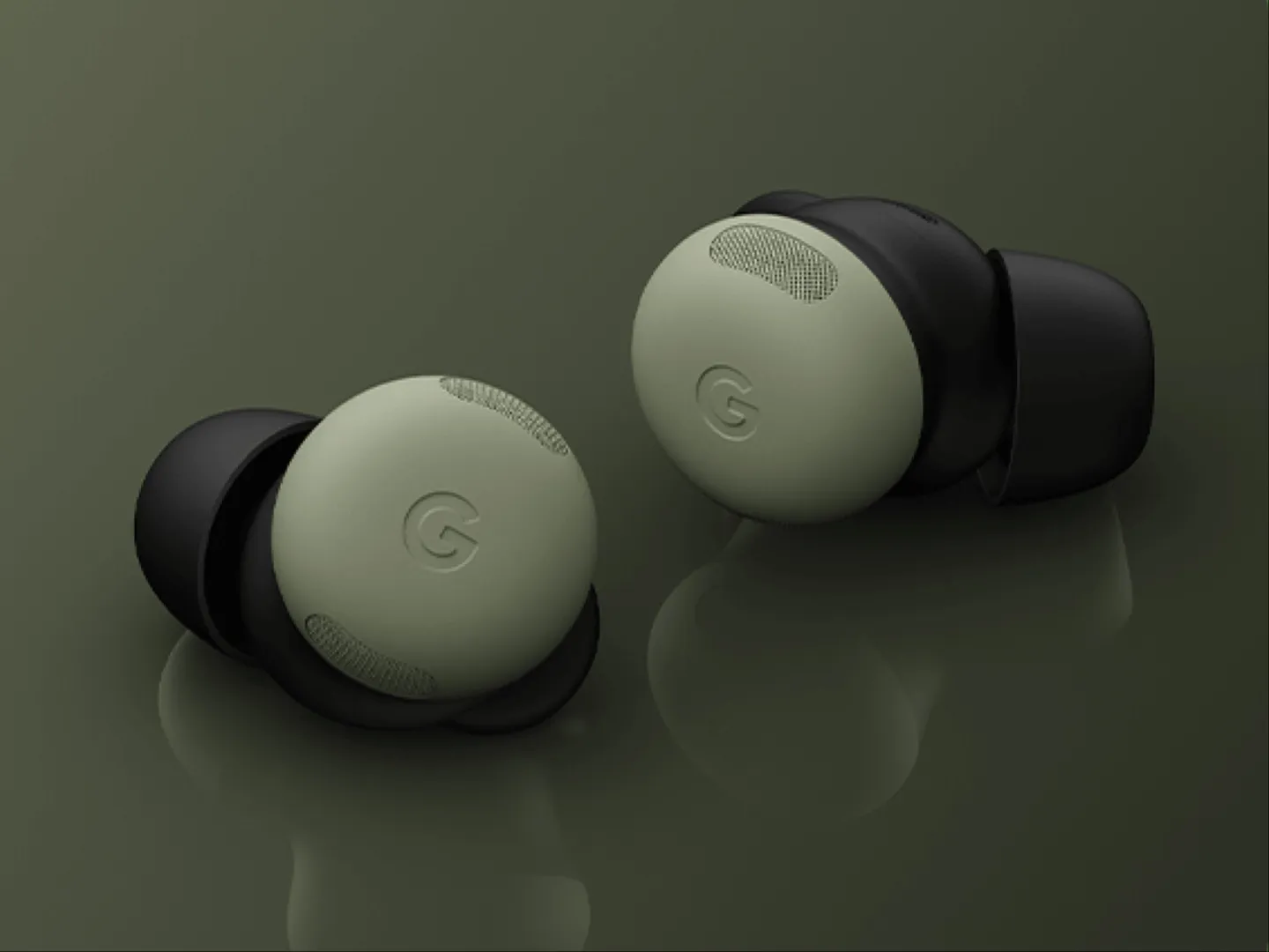 Render Pixel Buds 2 Pro dalam varian warna Moss hijau yang bocor bersamaan dengan Pixel 11 Pro Fold.