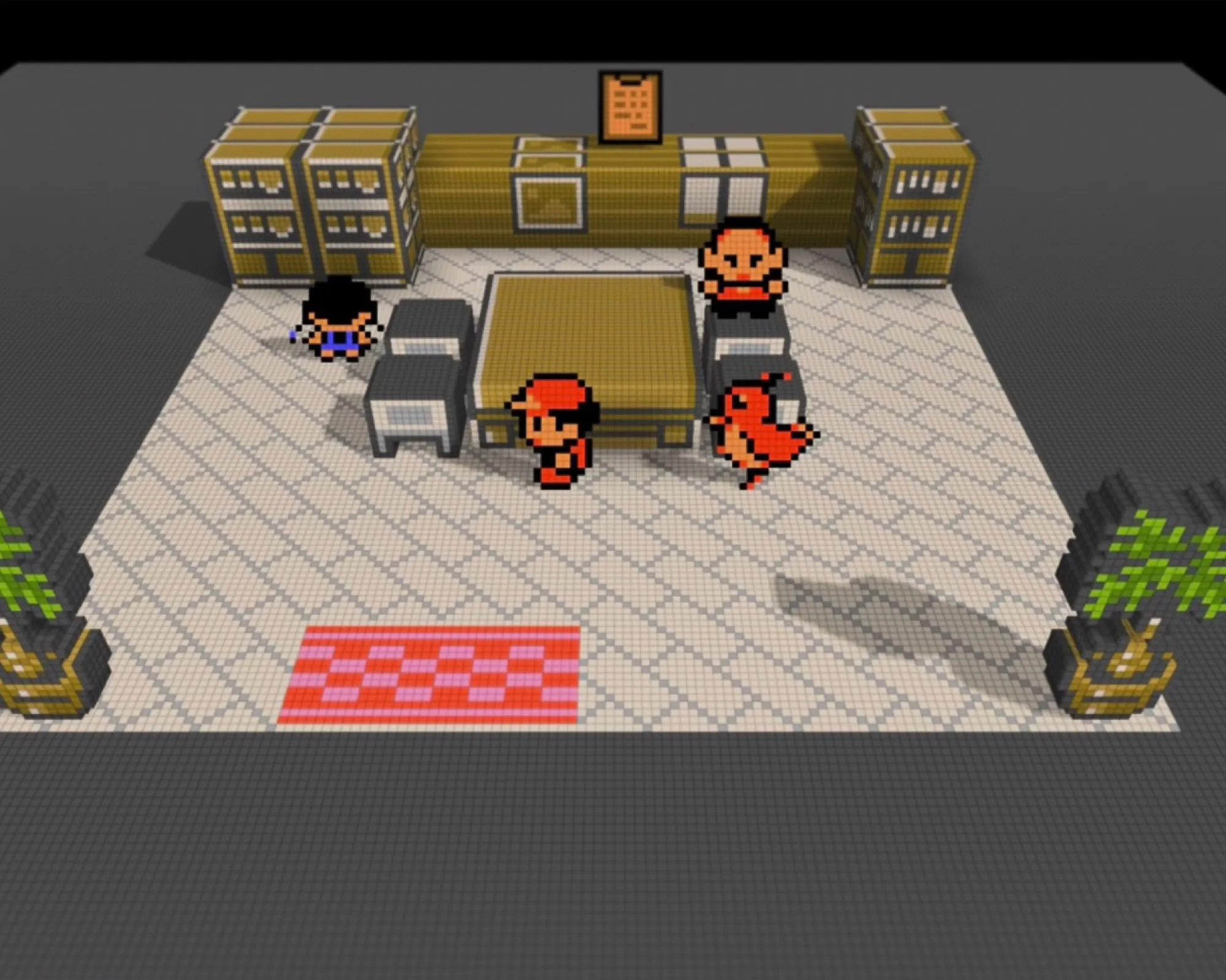 Layar pertarungan VoxelMod Pokemon Red Blue dengan latar dunia game 3D