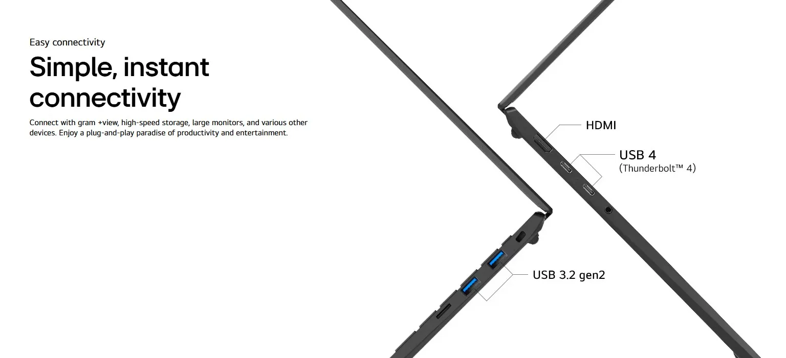 Port LG Gram 16 2026 meliputi USB-A, USB4, HDMI, dan jack audio 3.5 mm