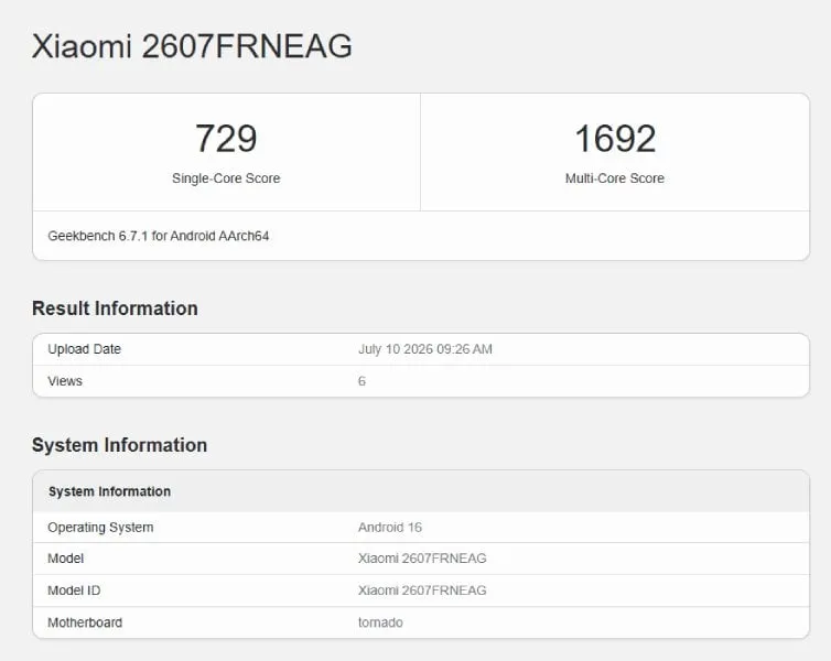 Hasil pengujian performa Redmi 17C 5G di platform Geekbench