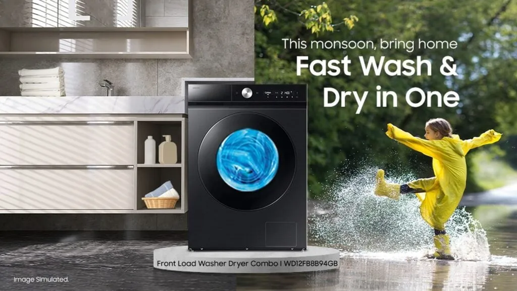 Desain unit Samsung Bespoke AI Washer Dryer dengan panel kontrol modern untuk musim hujan