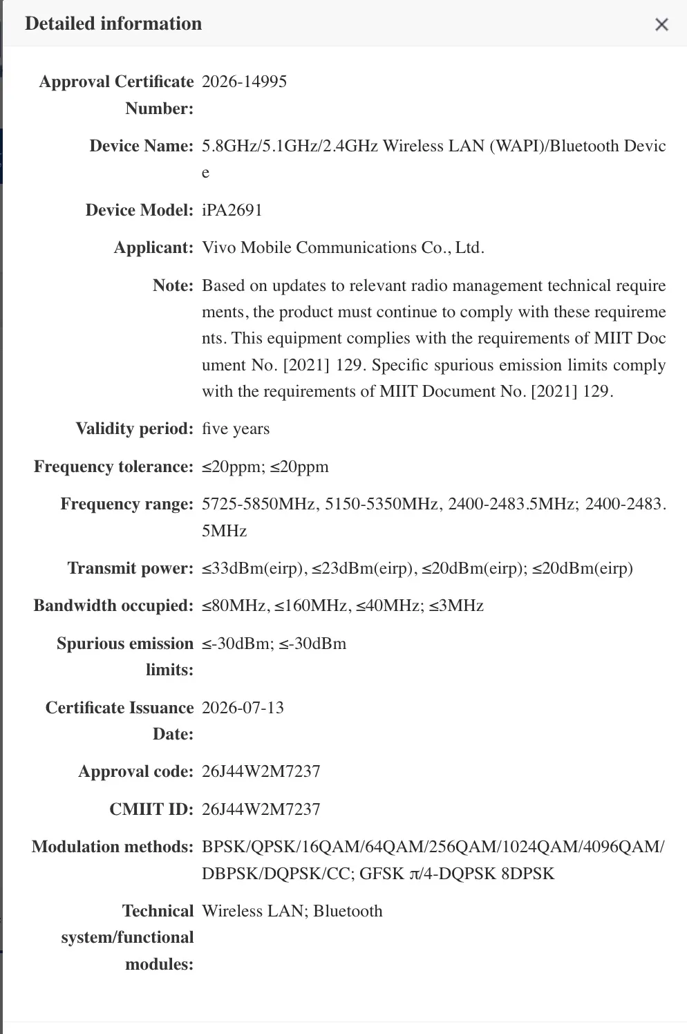 Dokumen sertifikasi SRRC untuk perangkat model iPA2691 yang diyakini sebagai tablet kompak iQoo.