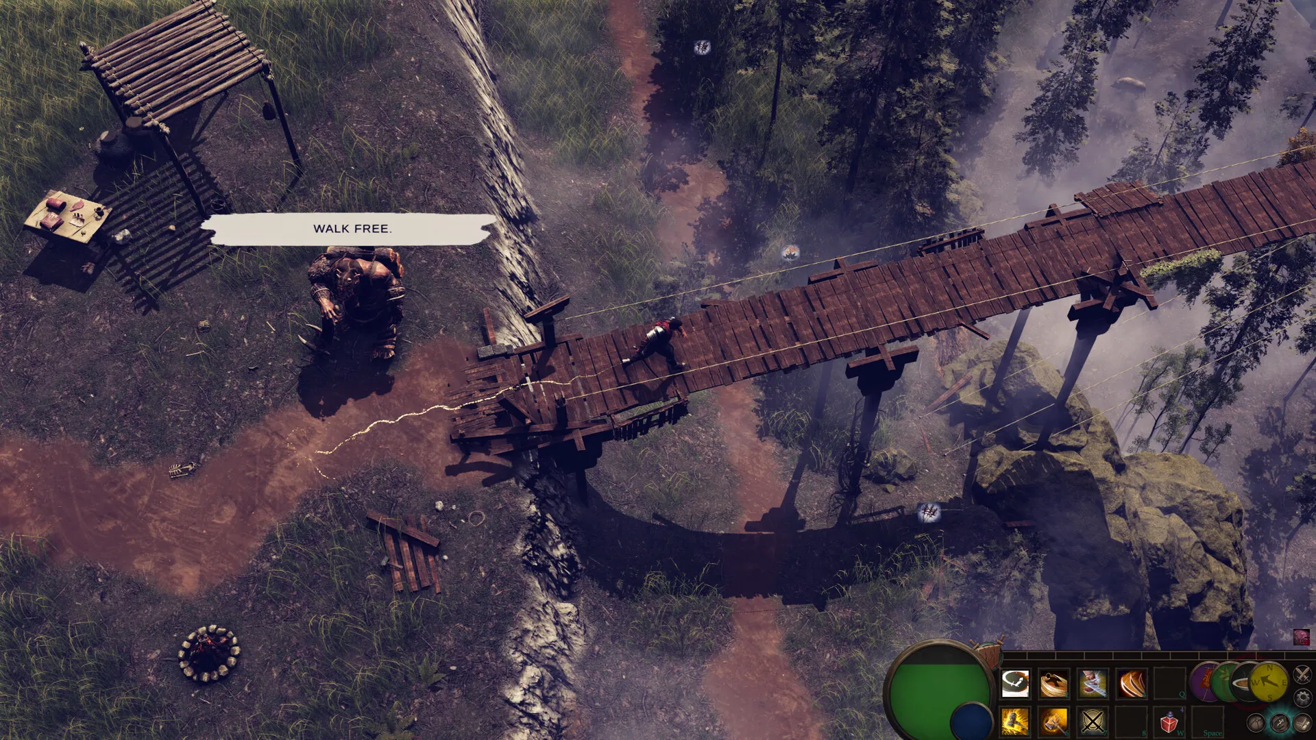 Tangkapan layar gameplay Svarog's Dream menampilkan karakter di lingkungan dungeon gelap dengan musuh dan efek partikel sihir