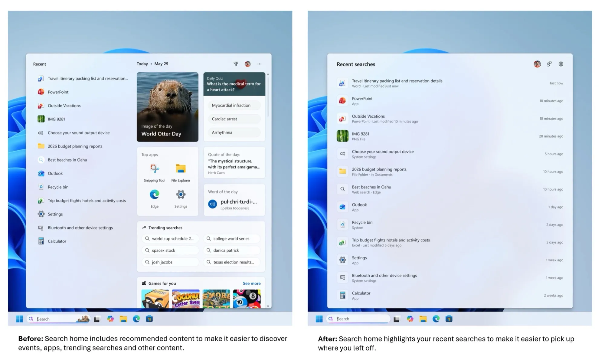 Tampilan search box Windows 11 versi lama dengan kolom iklan layanan Microsoft