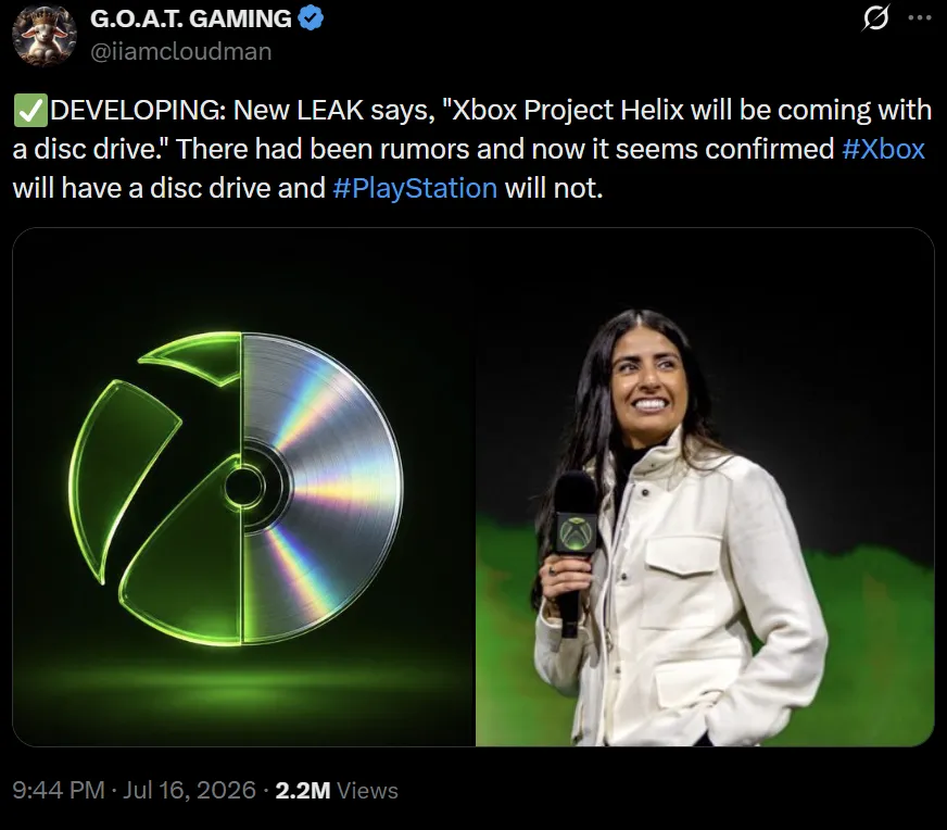 Bantahan rumor disc drive Xbox Project Helix oleh Kepler_L2 di platform X
